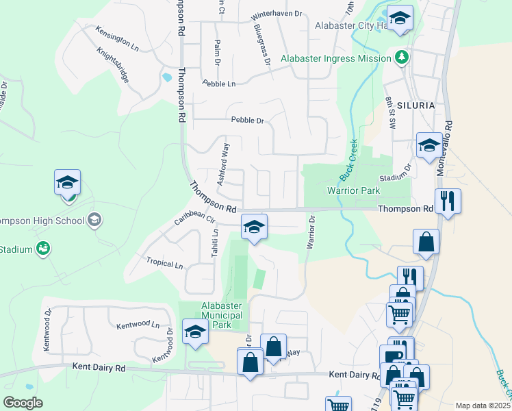 map of restaurants, bars, coffee shops, grocery stores, and more near 1118 Thompson Road in Alabaster