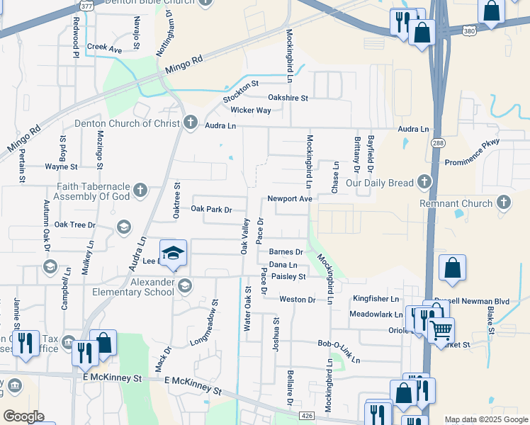 map of restaurants, bars, coffee shops, grocery stores, and more near 717 Pace Drive in Denton