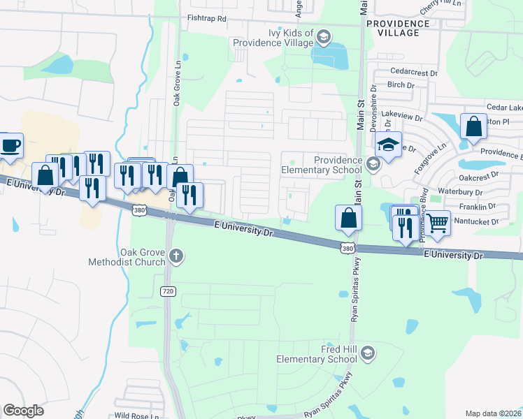 map of restaurants, bars, coffee shops, grocery stores, and more near 2309 Astapor Drive in Krugerville
