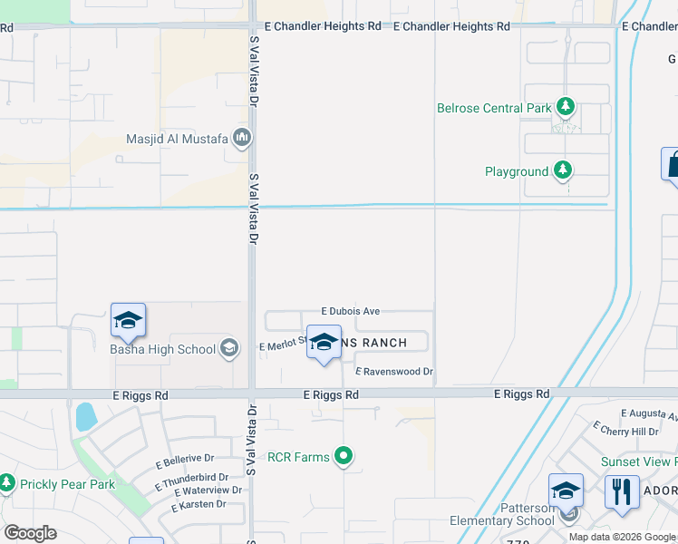 map of restaurants, bars, coffee shops, grocery stores, and more near 1786 East Dubois Avenue in Gilbert
