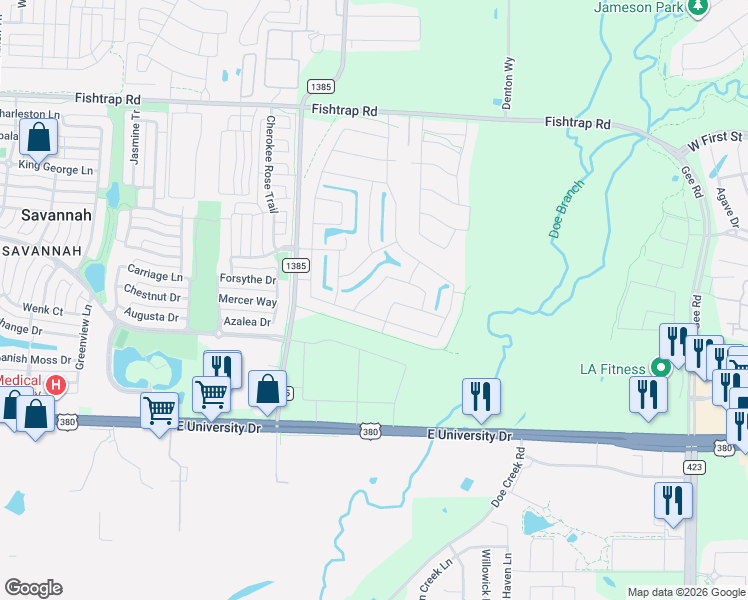 map of restaurants, bars, coffee shops, grocery stores, and more near 5620 Crestwood Drive in Prosper