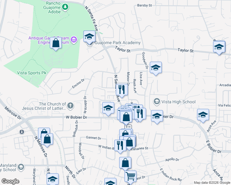 map of restaurants, bars, coffee shops, grocery stores, and more near 1609 North Santa Fe Avenue in Vista