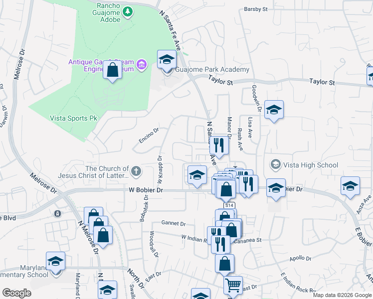 map of restaurants, bars, coffee shops, grocery stores, and more near 221 Weston Circle in Vista