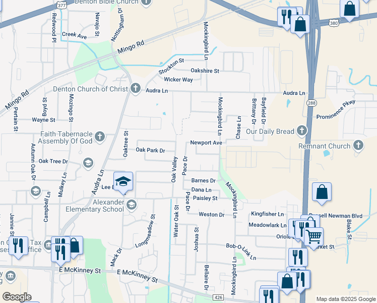 map of restaurants, bars, coffee shops, grocery stores, and more near 717 Pace Drive in Denton