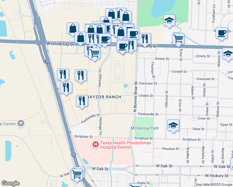 map of restaurants, bars, coffee shops, grocery stores, and more near 801-999 N Bonnie Brae St in Denton