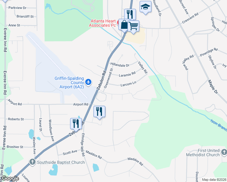 map of restaurants, bars, coffee shops, grocery stores, and more near 207 Pineywood Road in Griffin