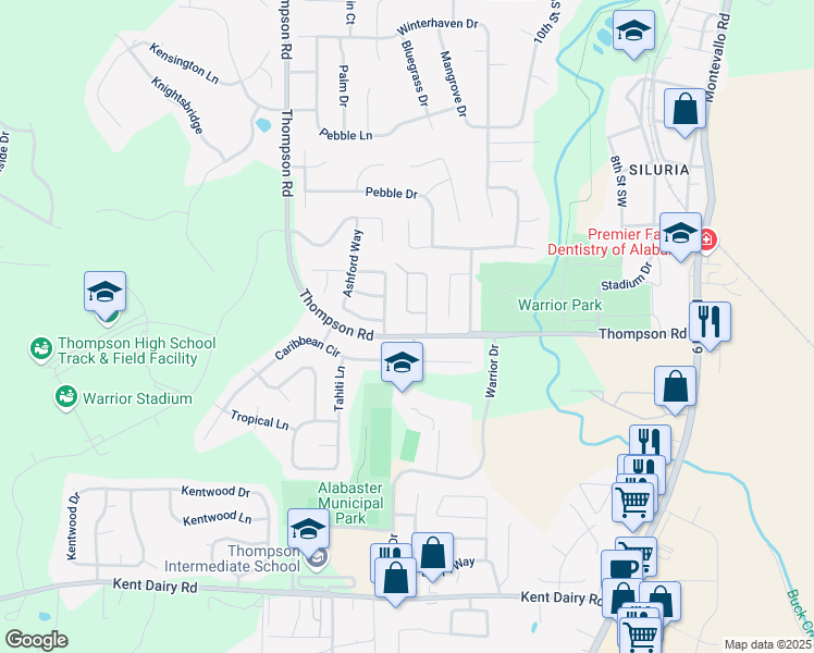 map of restaurants, bars, coffee shops, grocery stores, and more near 1114 Thompson Road in Alabaster