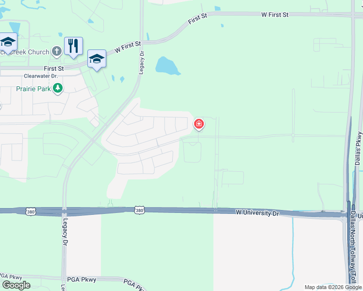 map of restaurants, bars, coffee shops, grocery stores, and more near 1710 U.S. Highway 380 West in Prosper