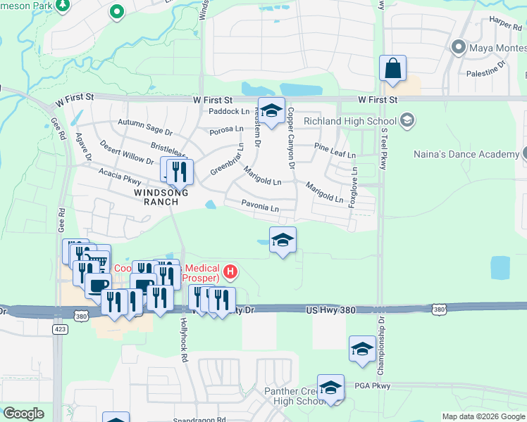 map of restaurants, bars, coffee shops, grocery stores, and more near 4150 Pequin Drive in Prosper