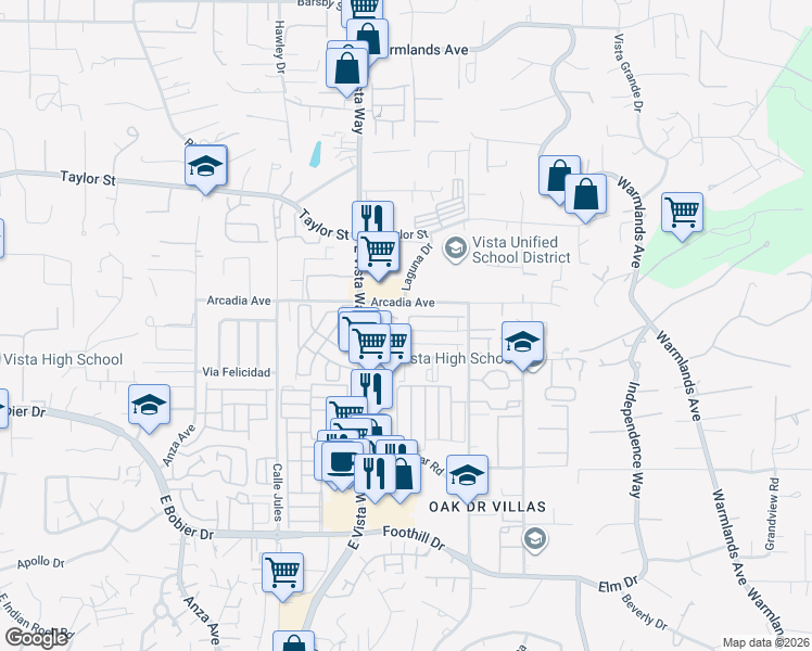 map of restaurants, bars, coffee shops, grocery stores, and more near 1204 Monique Court in Vista