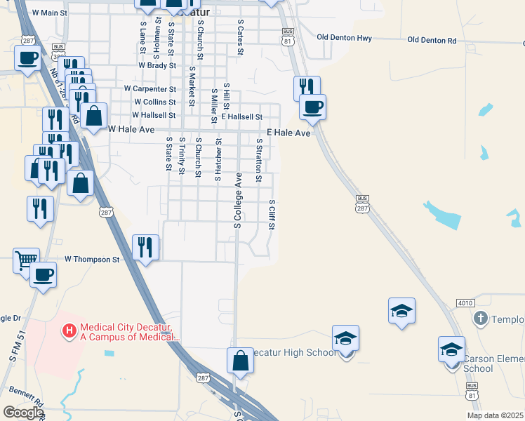map of restaurants, bars, coffee shops, grocery stores, and more near 1503 South Stratton Street in Decatur