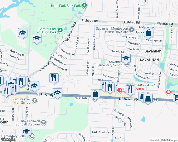 map of restaurants, bars, coffee shops, grocery stores, and more near 4320 Canopy Street in Aubrey