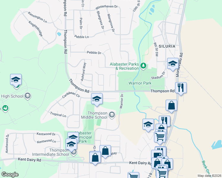 map of restaurants, bars, coffee shops, grocery stores, and more near 1047 Thompson Road in Alabaster