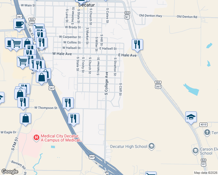 map of restaurants, bars, coffee shops, grocery stores, and more near 404 East Charles Street in Decatur
