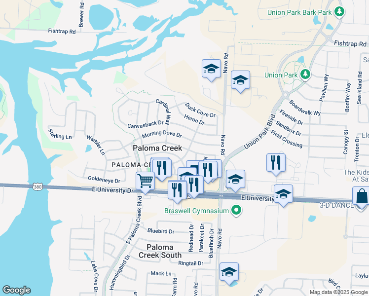 map of restaurants, bars, coffee shops, grocery stores, and more near 1708 Nightingale Drive in Aubrey