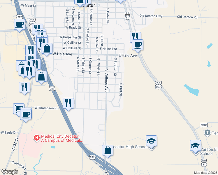 map of restaurants, bars, coffee shops, grocery stores, and more near 404 East Charles Street in Decatur