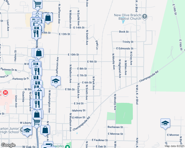 map of restaurants, bars, coffee shops, grocery stores, and more near 720 East 7th Street in El Dorado