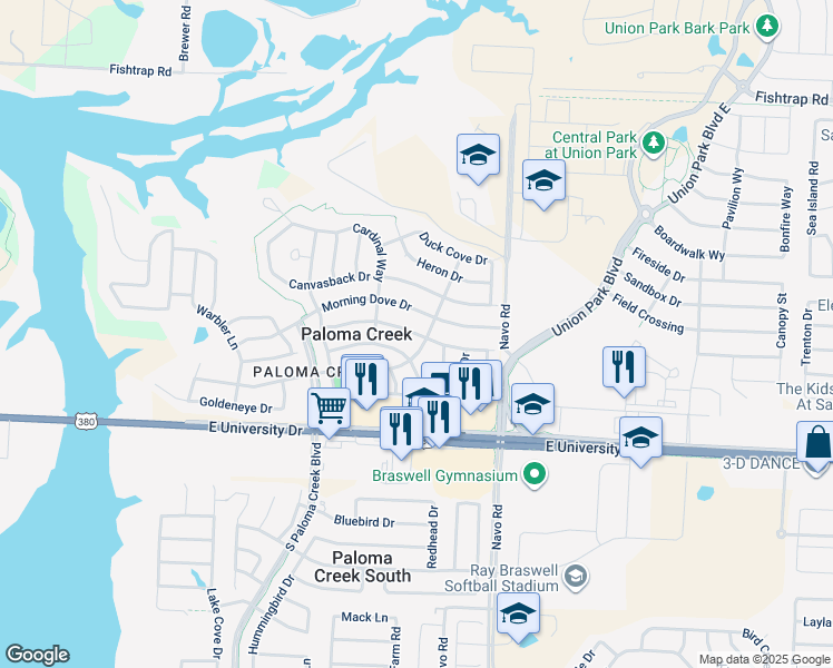map of restaurants, bars, coffee shops, grocery stores, and more near 1705 Nightingale Drive in Aubrey