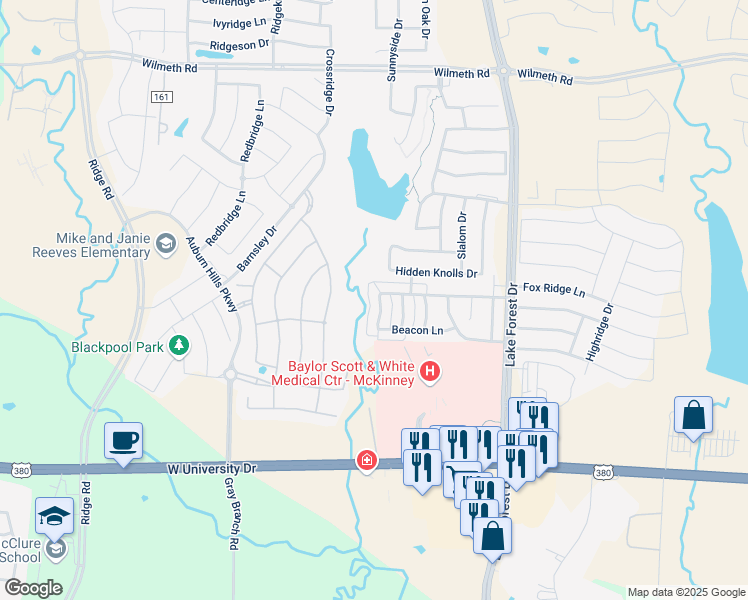 map of restaurants, bars, coffee shops, grocery stores, and more near 2237 Canyon Point in McKinney