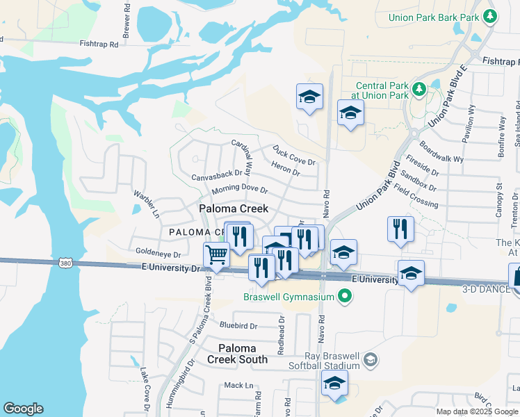 map of restaurants, bars, coffee shops, grocery stores, and more near 1700 Nightingale Drive in Aubrey