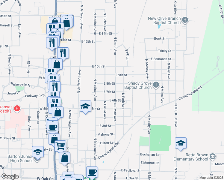 map of restaurants, bars, coffee shops, grocery stores, and more near 603 East 7th Street in El Dorado