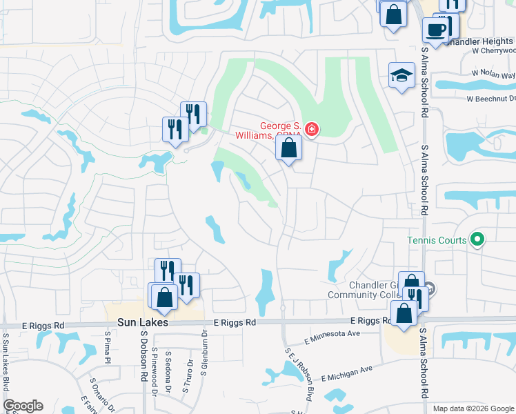 map of restaurants, bars, coffee shops, grocery stores, and more near 24606 South Rocky Brook Drive in Sun Lakes