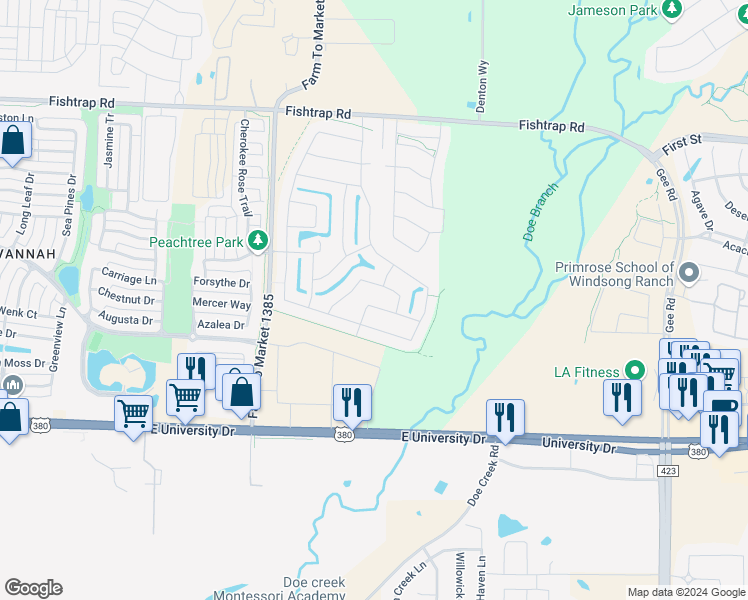 map of restaurants, bars, coffee shops, grocery stores, and more near 5560 Exeter Drive in Prosper