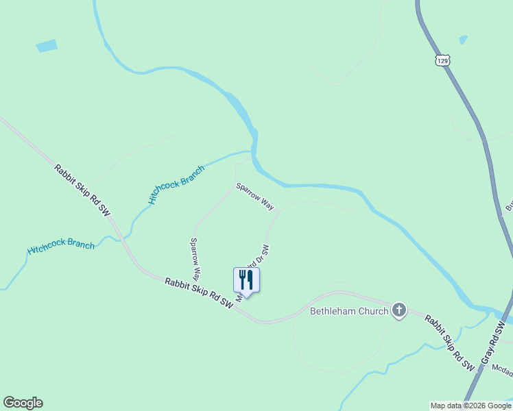 map of restaurants, bars, coffee shops, grocery stores, and more near 131 Mocking Bird Drive Southwest in Eatonton