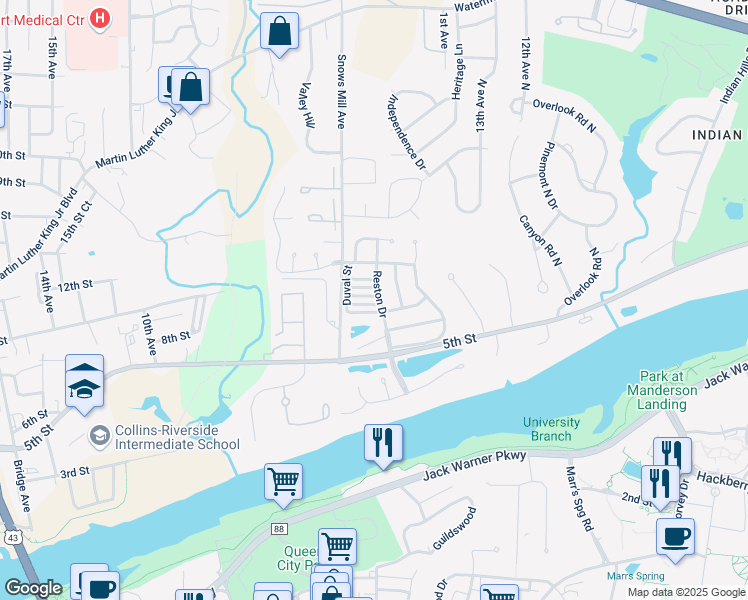 map of restaurants, bars, coffee shops, grocery stores, and more near 1703 Bienville Street in Tuscaloosa