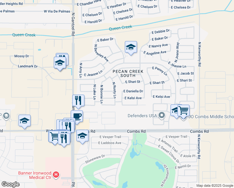 map of restaurants, bars, coffee shops, grocery stores, and more near 733 East Kelsi Avenue in Queen Creek