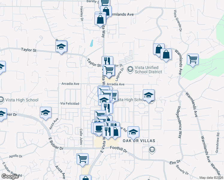 map of restaurants, bars, coffee shops, grocery stores, and more near 1157 Madera Lane in Vista