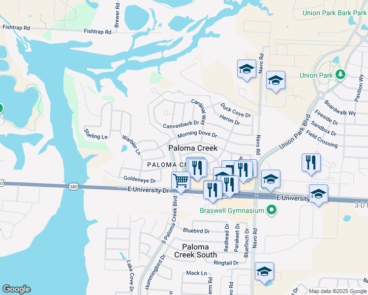 map of restaurants, bars, coffee shops, grocery stores, and more near 1404 Nightingale Drive in Aubrey