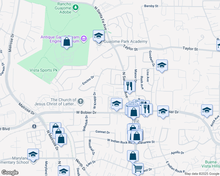 map of restaurants, bars, coffee shops, grocery stores, and more near 311 Weston Circle in Vista