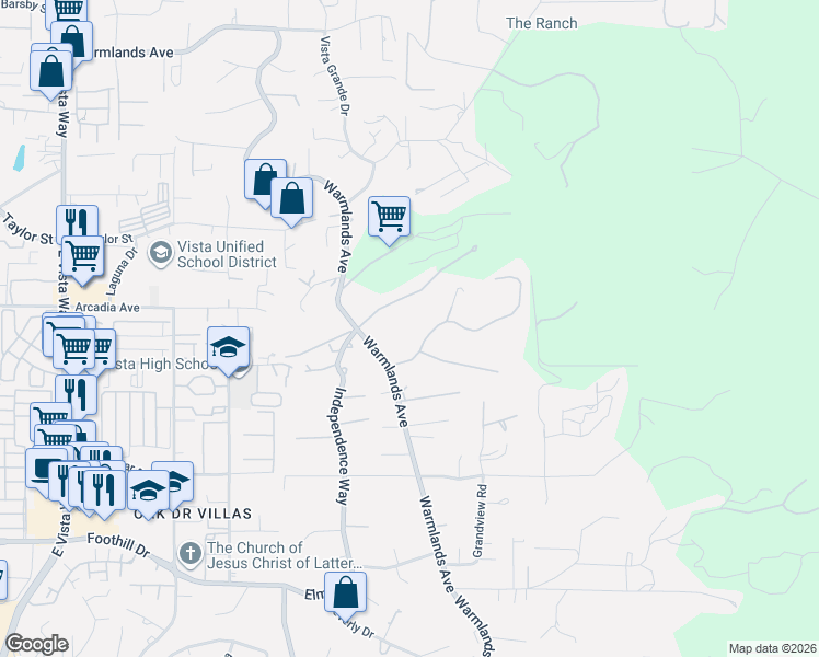 map of restaurants, bars, coffee shops, grocery stores, and more near 1704 Kings Road in Vista