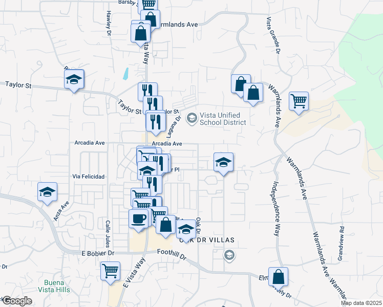 map of restaurants, bars, coffee shops, grocery stores, and more near 1252A Palomar Place in Vista