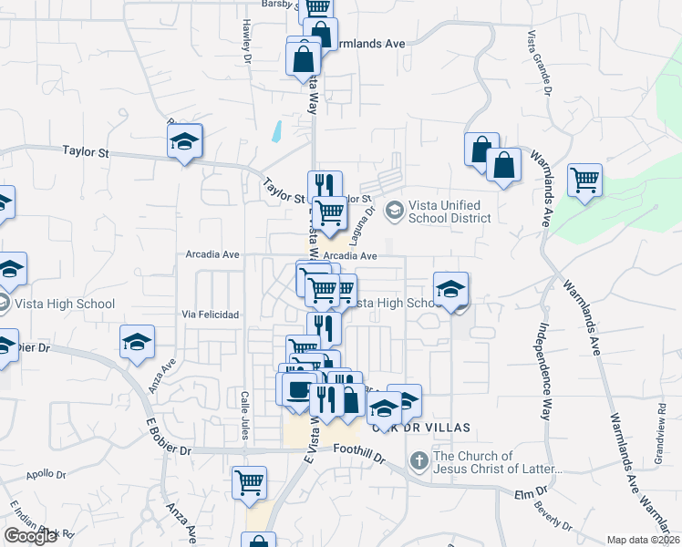 map of restaurants, bars, coffee shops, grocery stores, and more near 1102 Madera Lane in Vista