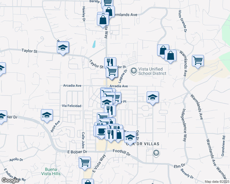 map of restaurants, bars, coffee shops, grocery stores, and more near 1106 Madera Lane in Vista