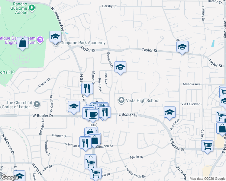 map of restaurants, bars, coffee shops, grocery stores, and more near 1 Panther Way in Vista