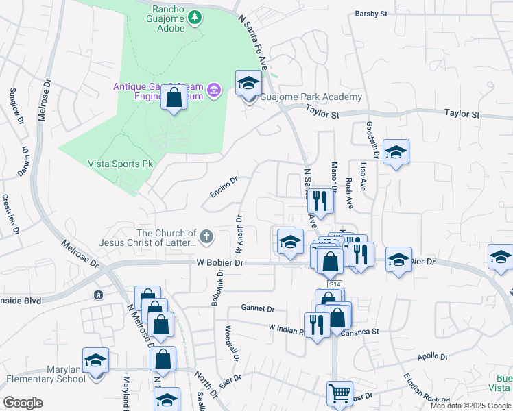 map of restaurants, bars, coffee shops, grocery stores, and more near 1619 West Knapp Drive in Vista