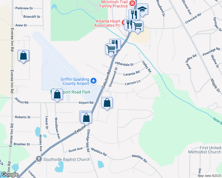 map of restaurants, bars, coffee shops, grocery stores, and more near 201 Pineywood Road in Griffin