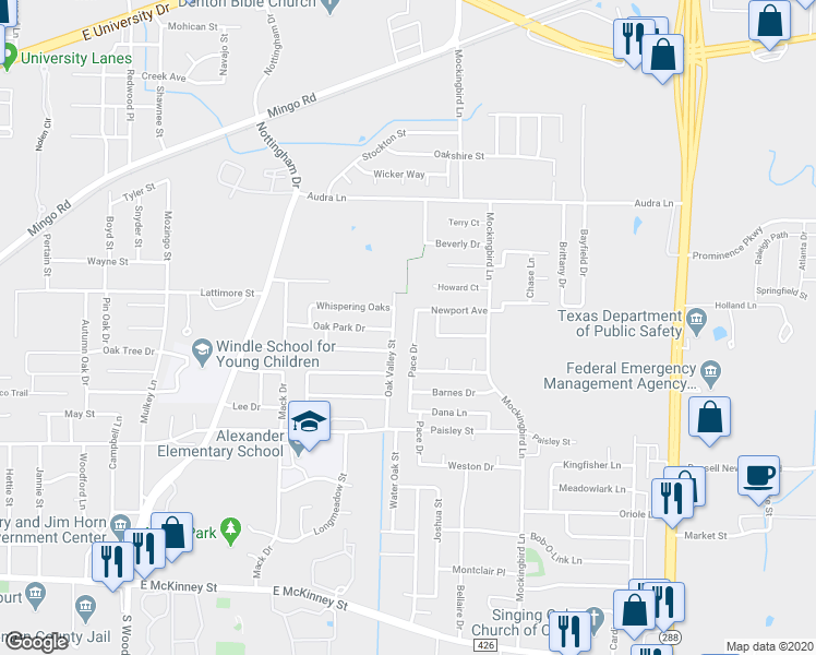 map of restaurants, bars, coffee shops, grocery stores, and more near 717 Pace Drive in Denton