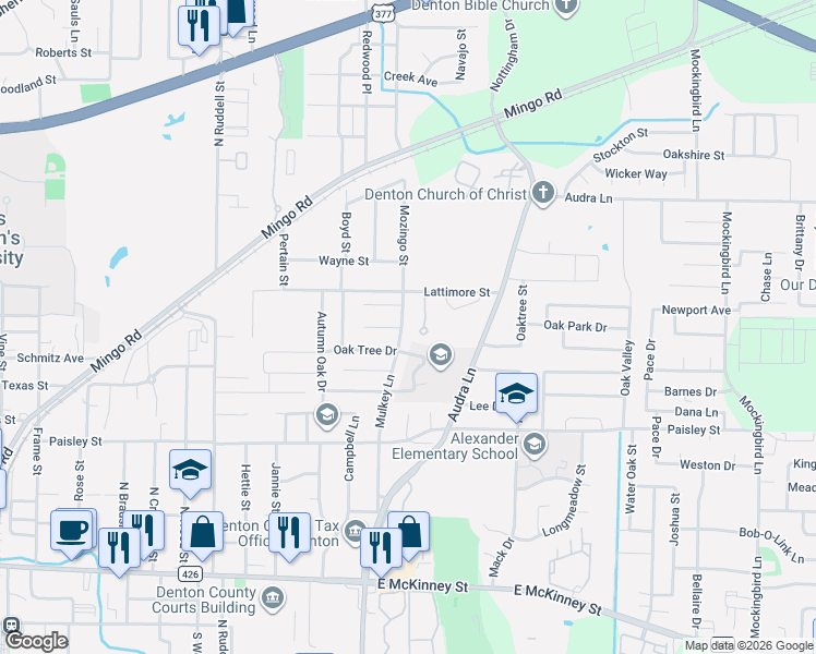 map of restaurants, bars, coffee shops, grocery stores, and more near 1803 Oak Tree Drive in Denton
