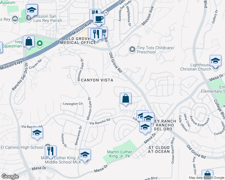 map of restaurants, bars, coffee shops, grocery stores, and more near 4265 Spoonbill Way in Oceanside