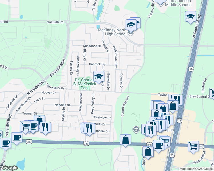map of restaurants, bars, coffee shops, grocery stores, and more near 2500 Cattleman Drive in McKinney