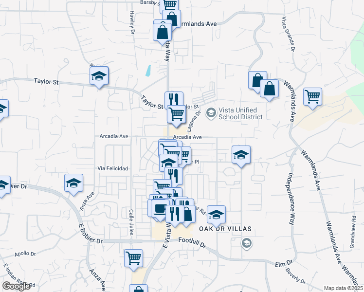 map of restaurants, bars, coffee shops, grocery stores, and more near 1157 Madera Lane in Vista
