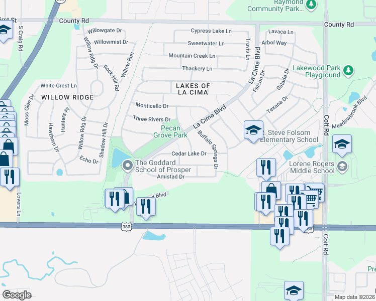 map of restaurants, bars, coffee shops, grocery stores, and more near 1351 Millers Creek Drive in Prosper