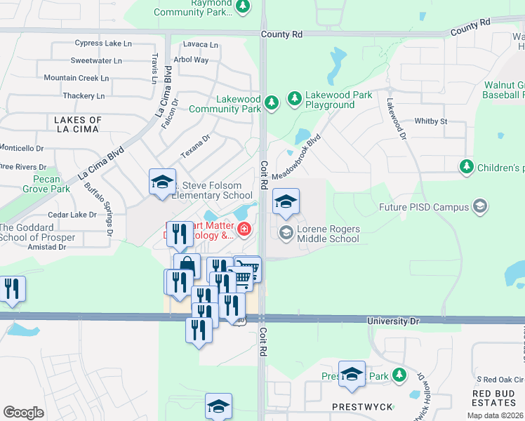 map of restaurants, bars, coffee shops, grocery stores, and more near 880 Coit Road in Prosper