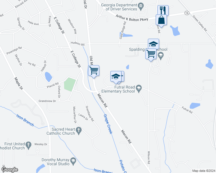 map of restaurants, bars, coffee shops, grocery stores, and more near 1349 Macon Road in Griffin
