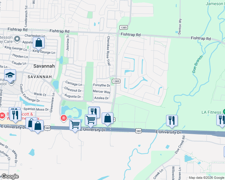 map of restaurants, bars, coffee shops, grocery stores, and more near 1825 Azalea Drive in Denton County