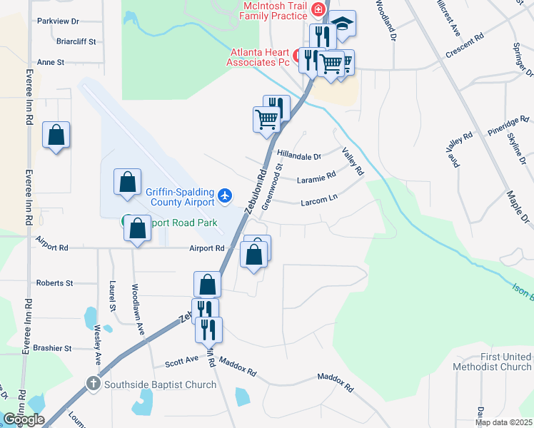 map of restaurants, bars, coffee shops, grocery stores, and more near 201 Pineywood Road in Griffin
